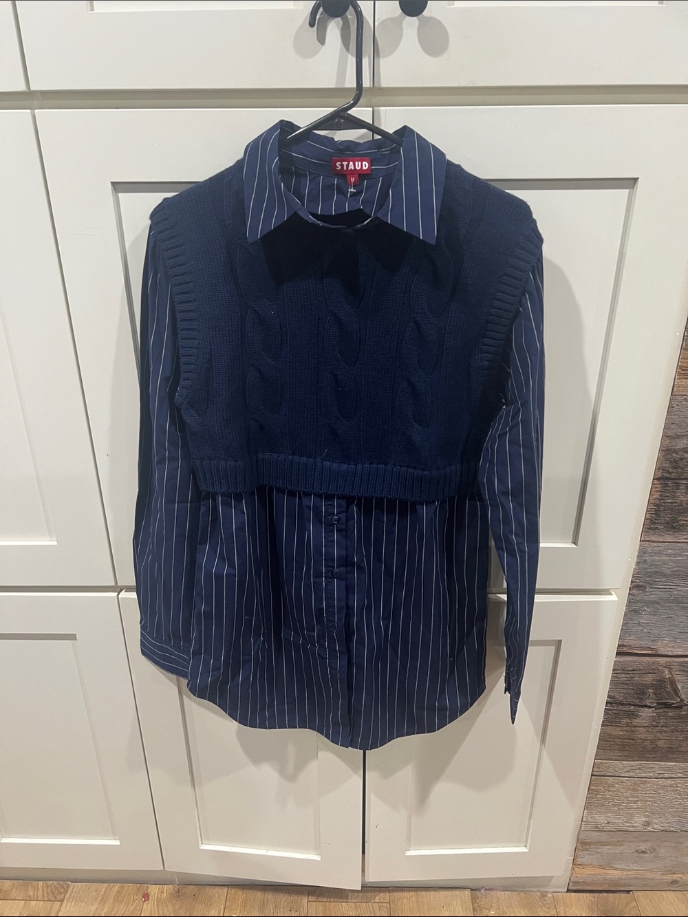 NWOT STAUD Navy Pinstripe Shirt with Attached Cable-Knit Cropped Vest size M